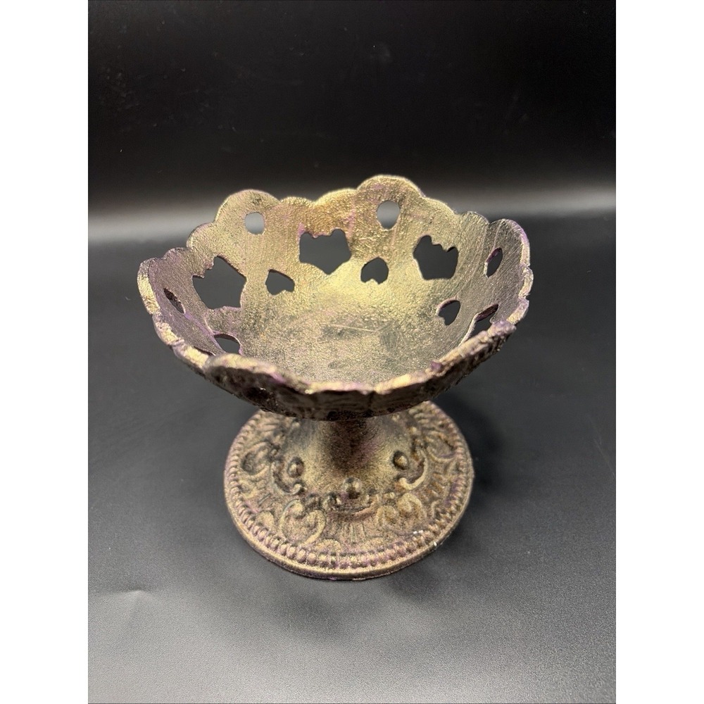 Metal Cast Iron Candle Trinket holder/ Ornate Pedestal Dish Patina Finish